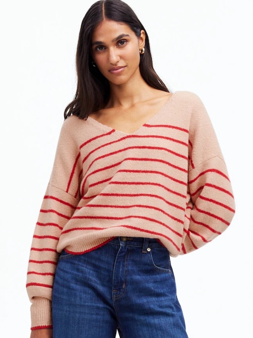 Madewell Stripe V Neck Sweater Blush Red Cotton Merino Medium